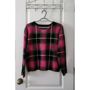TAHARI‎ Women's Plaid Pullover Sweater Round Neck Long Sleeve Pink Black Size S